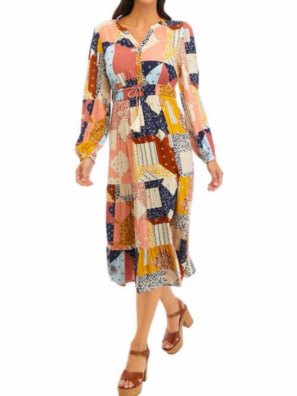 Wonderly Patchwork Midi Dress in Pink, Mustard & Navy